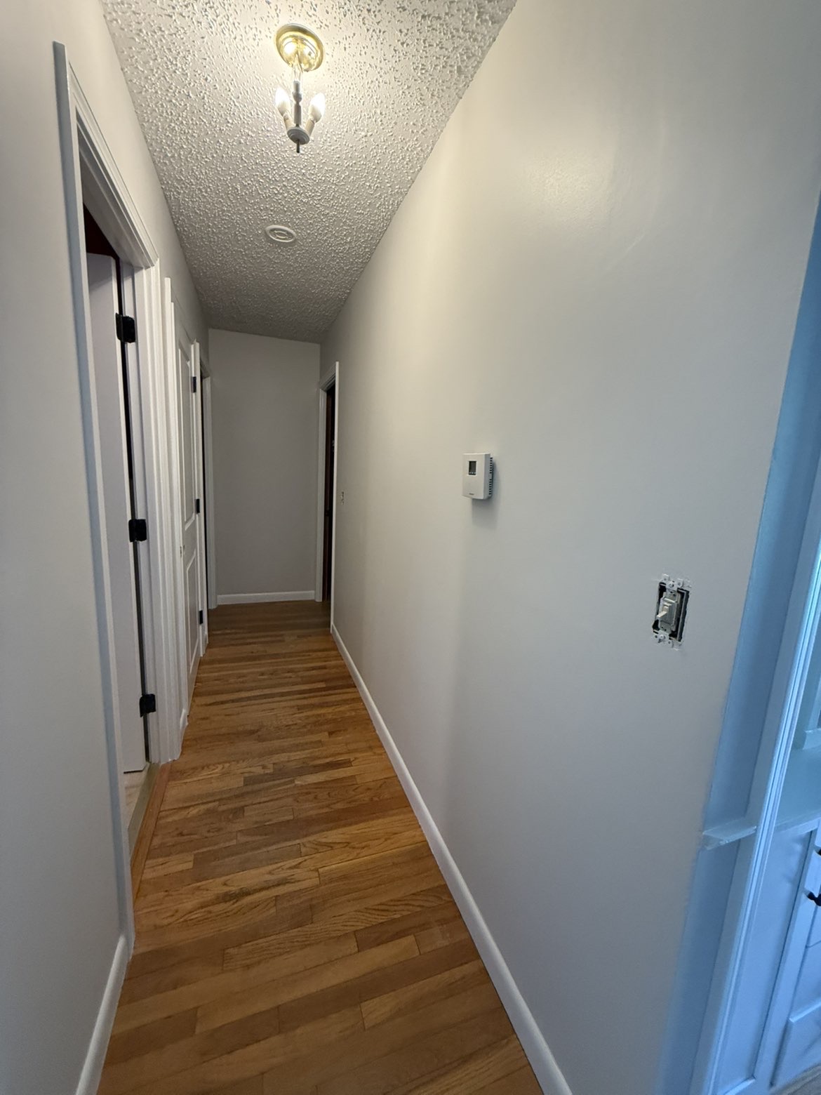 Narrow hallway with fresh light gray walls & white trim
